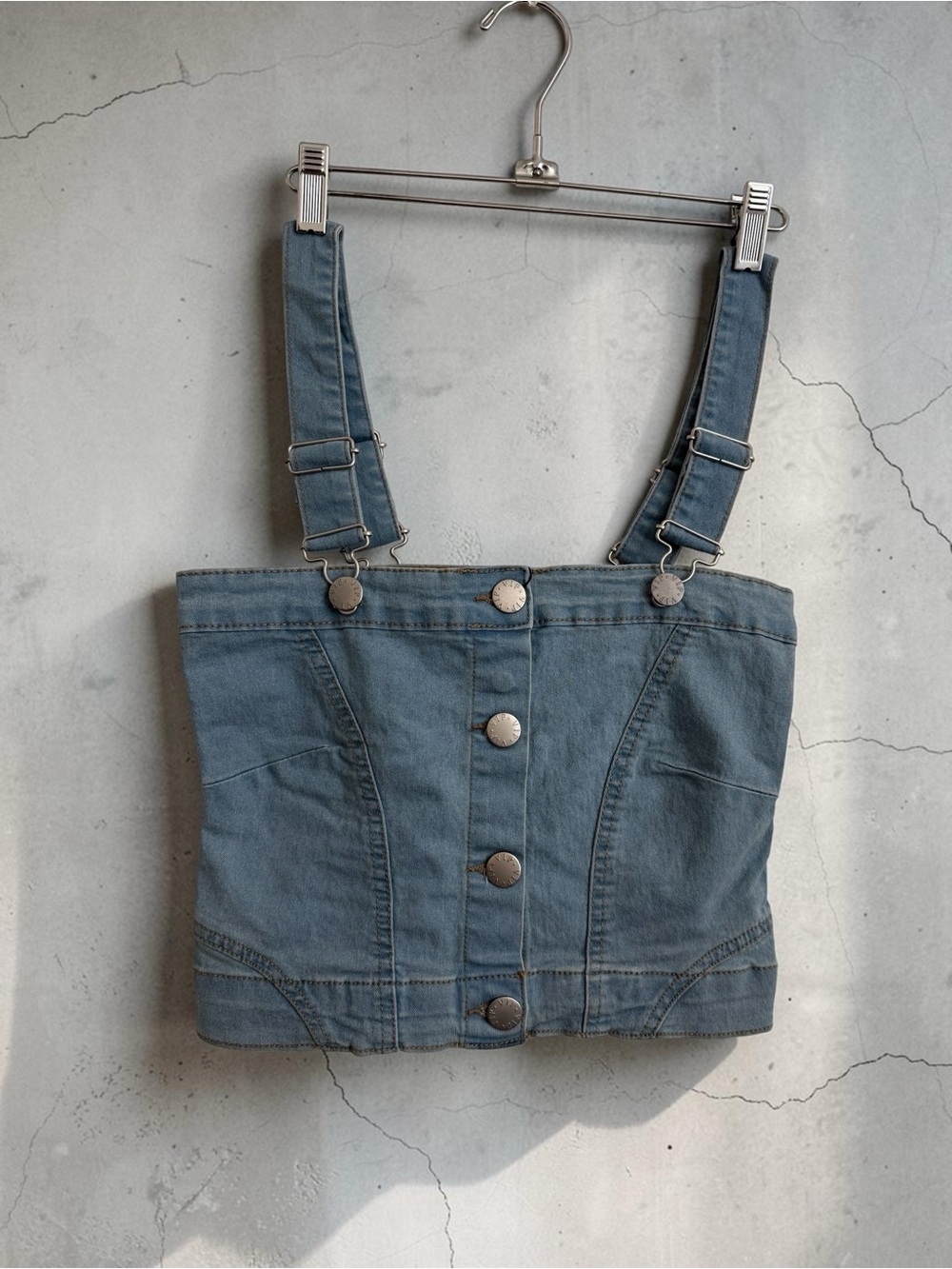 Button-Front Denim Overall Crop Top in Faded Blue